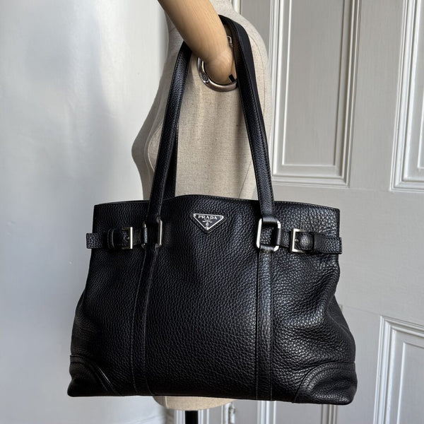 Prada Vitello Daino Leather Black Tote Bag
