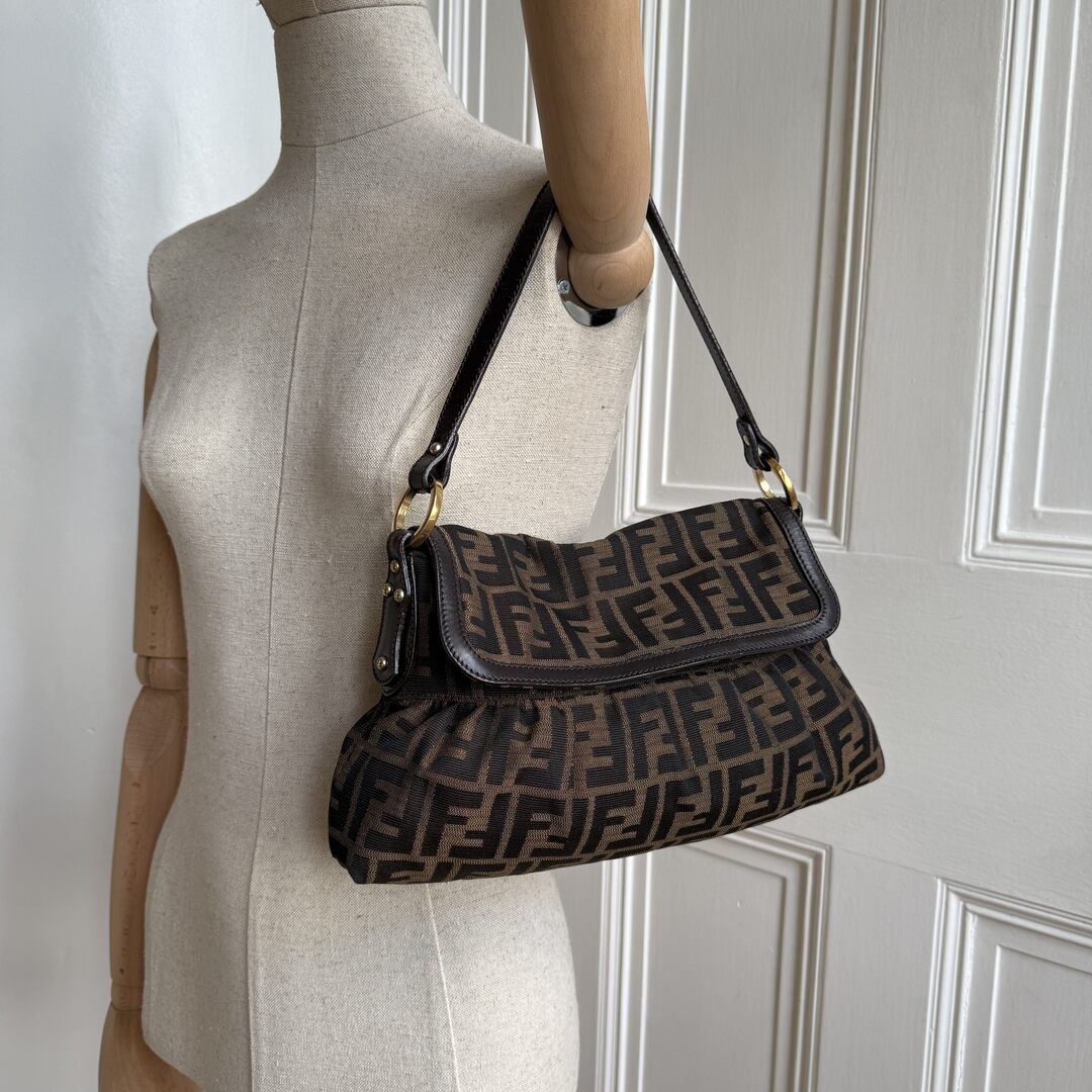 Fendi Zucca Brown Flap Shoulder Bag