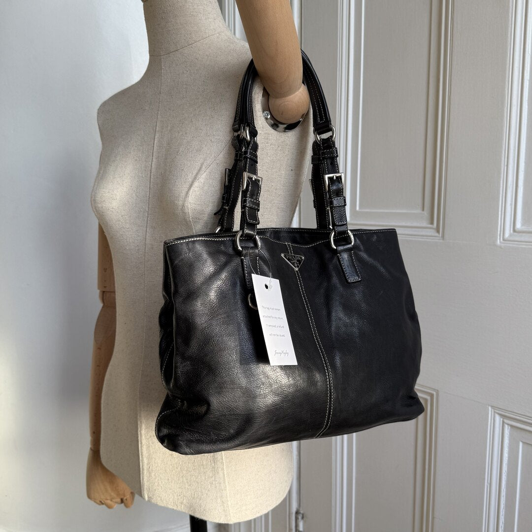 2004 Prada Vitello Daino Leather Black Tote Bag