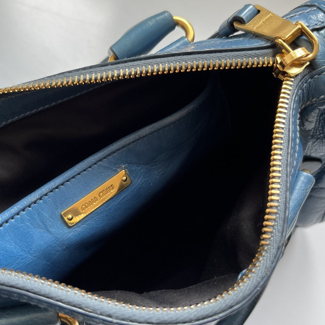 Miu Miu Vitello Shine Blue Leather Shoulder Bag