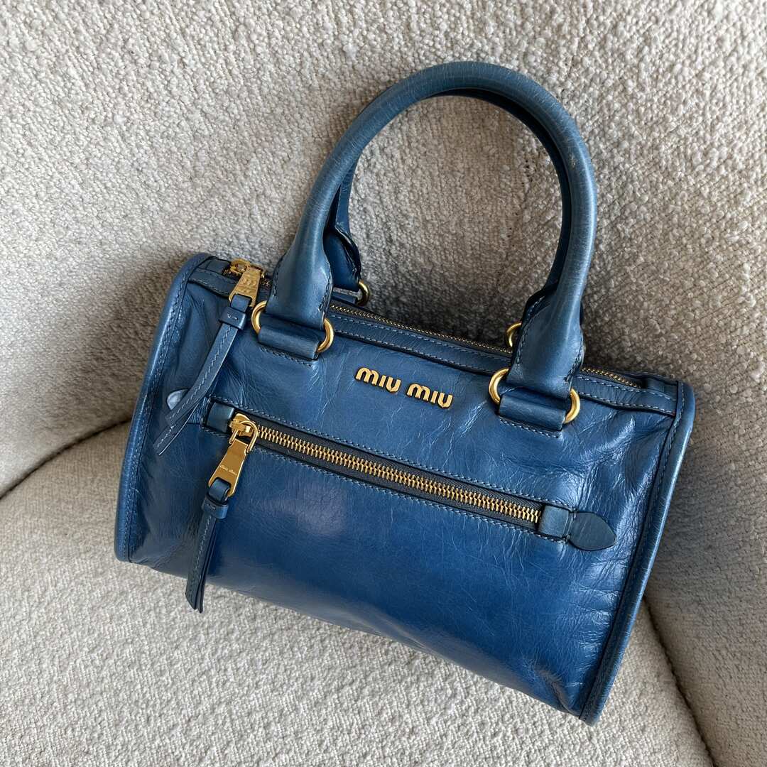 Miu Miu Vitello Shine Blue Leather Shoulder Bag