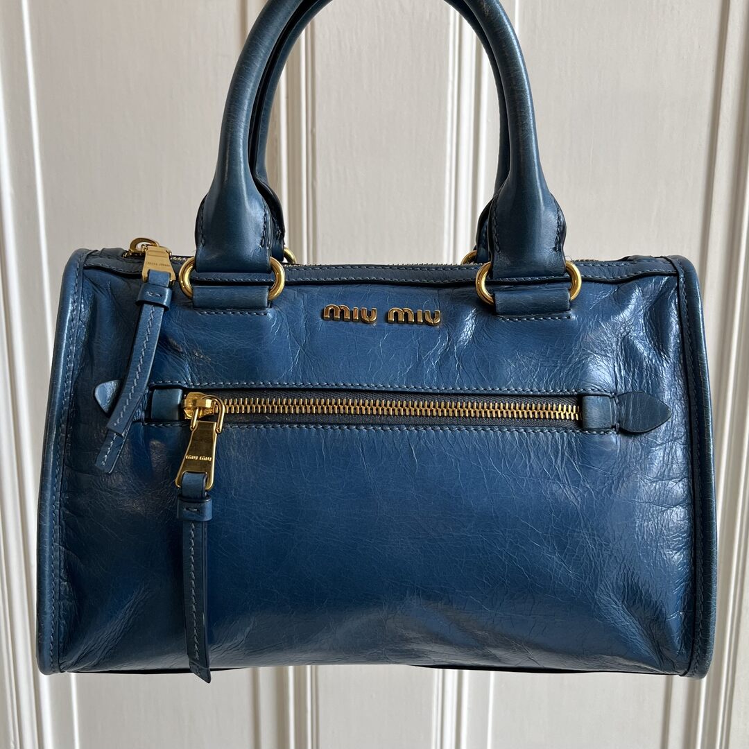 Miu Miu Vitello Shine Blue Leather Shoulder Bag