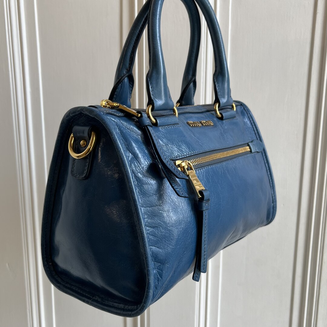 Miu Miu Vitello Shine Blue Leather Shoulder Bag