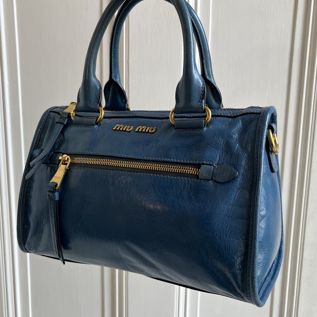 Miu Miu Vitello Shine Blue Leather Shoulder Bag