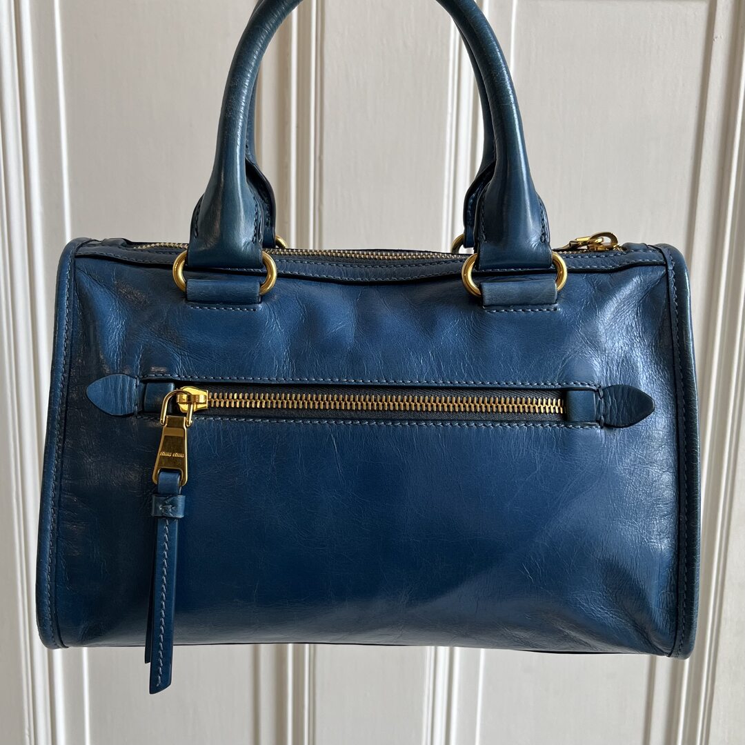 Miu Miu Vitello Shine Blue Leather Shoulder Bag