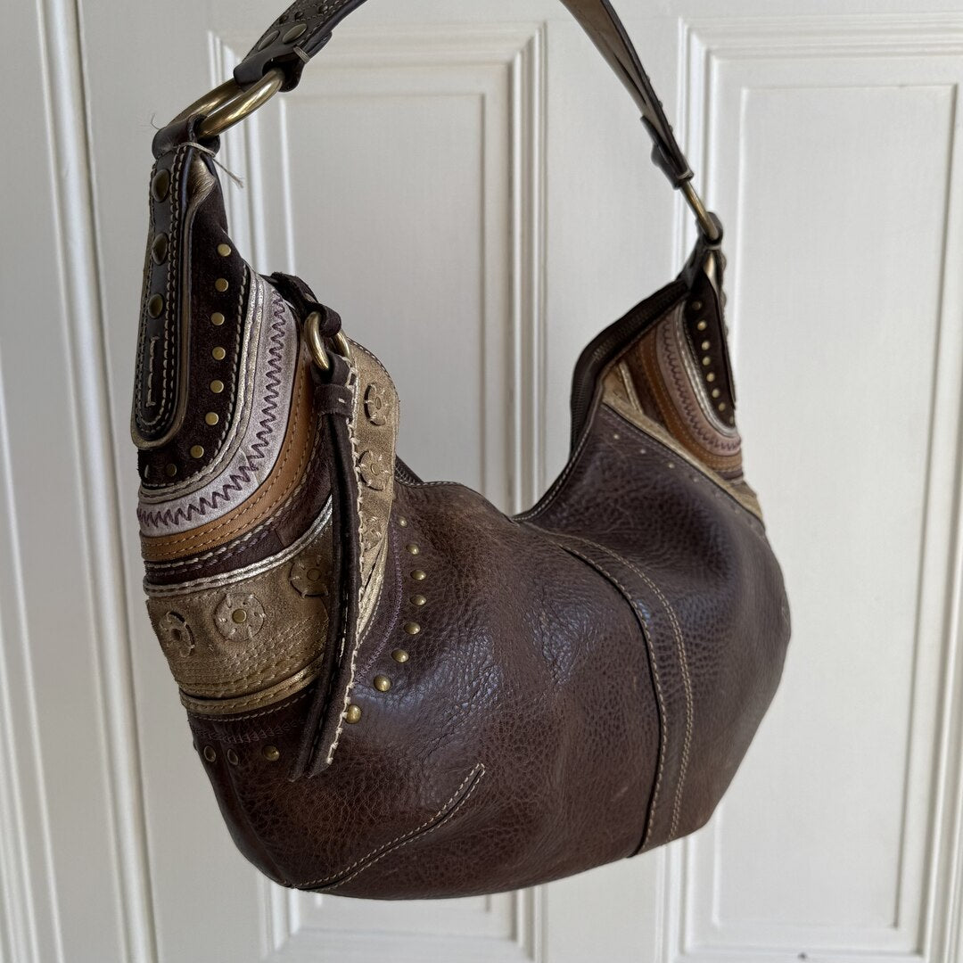 Coach Croissant Hobo Studded Leather Brown Shoulder Bag