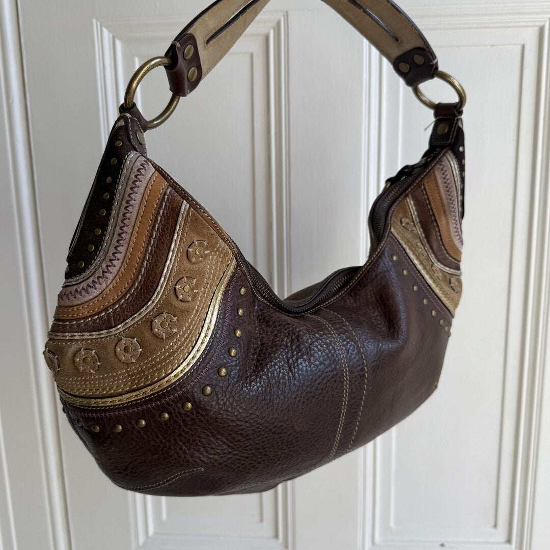 Coach Croissant Hobo Studded Leather Brown Shoulder Bag