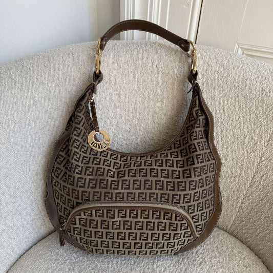 Fendi Zucchino Chef Hobo Brown Shoulder Bag