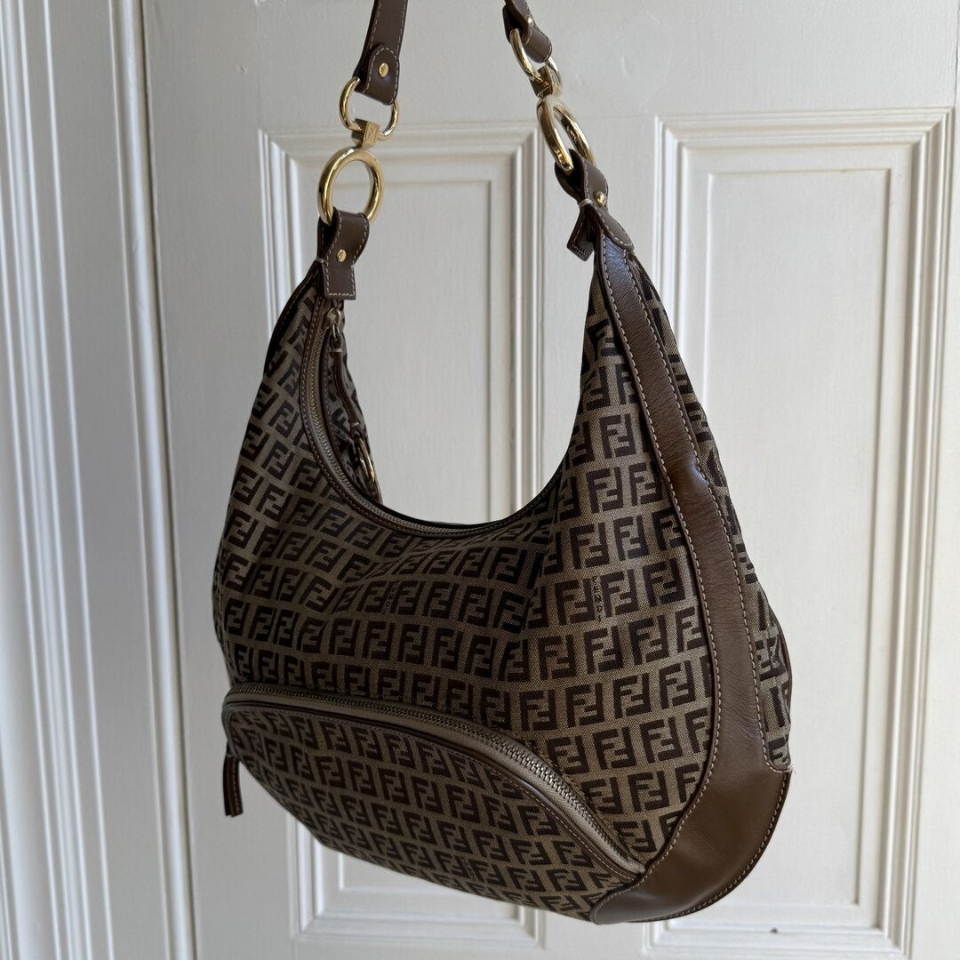 Fendi Zucchino Chef Hobo Brown Shoulder Bag