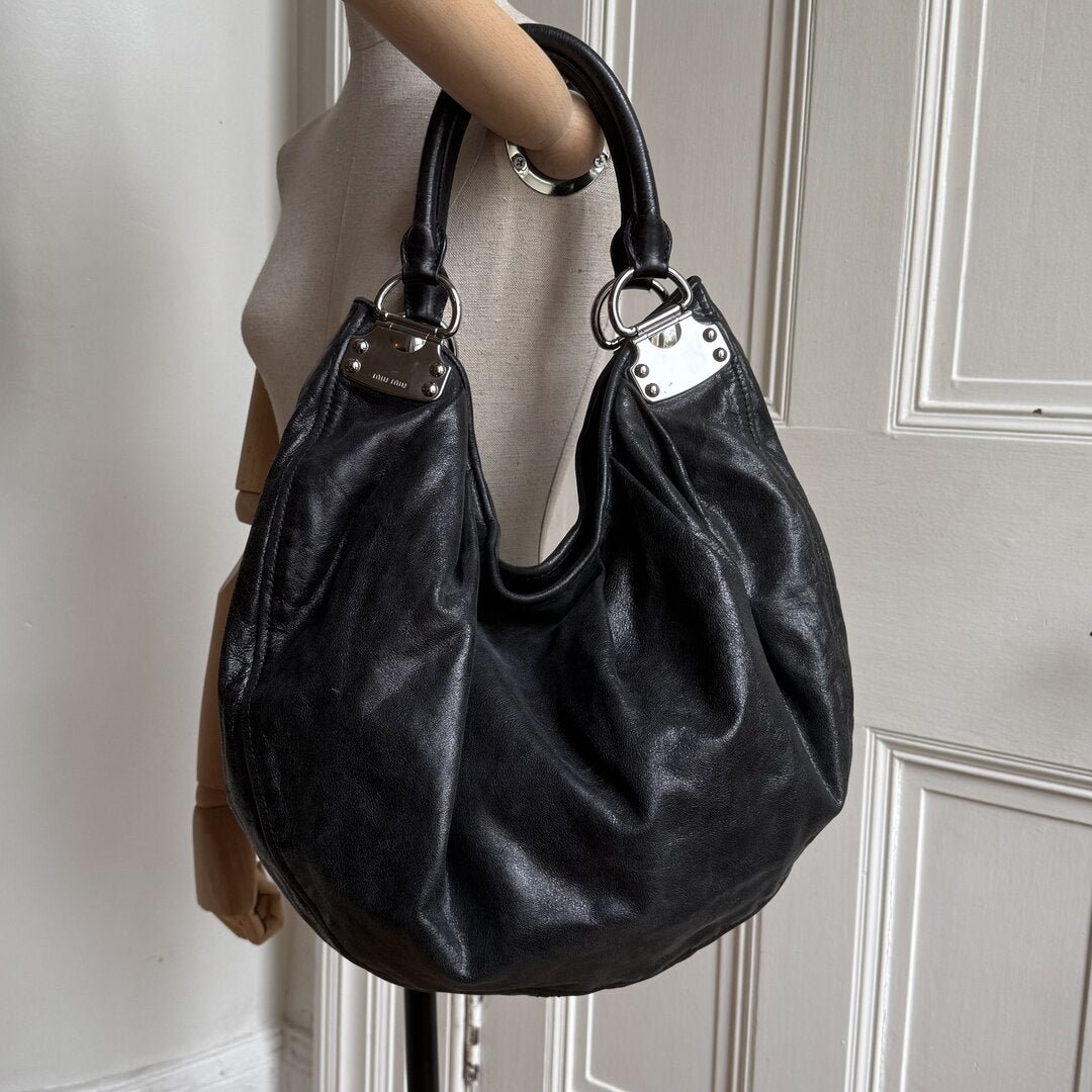 Miu Miu Black Leather Hobo Shoulder Bag