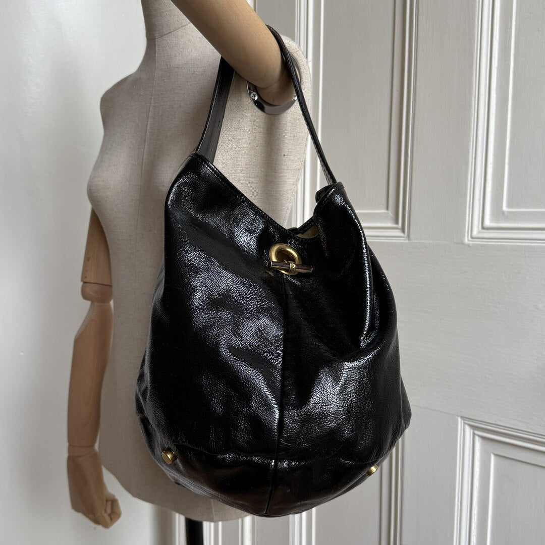 Yves Saint Laurent Rive Gauche Patent Capri Hobo Black Shoulder Bag