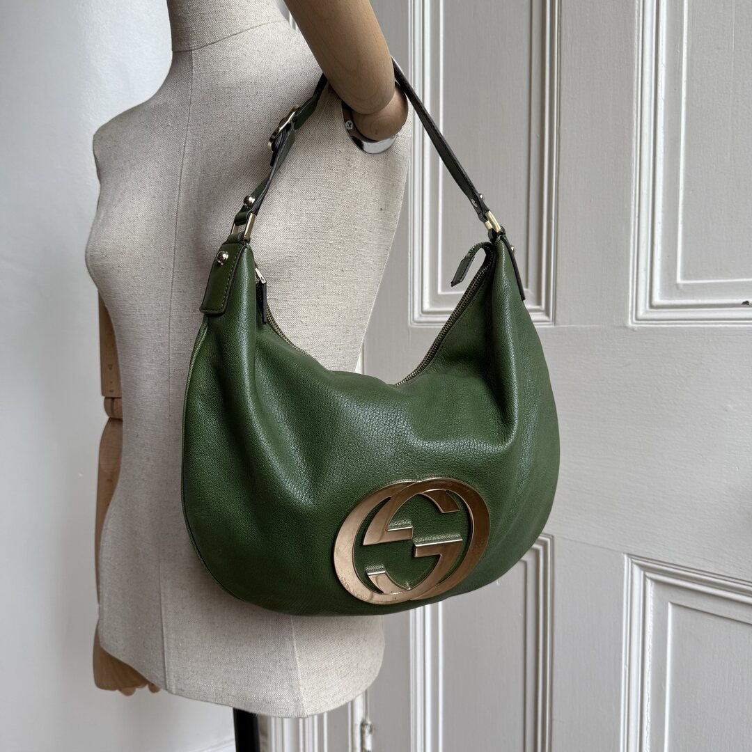 Gucci Interlocking G Blondie Leather Green Hobo Shoulder Bag