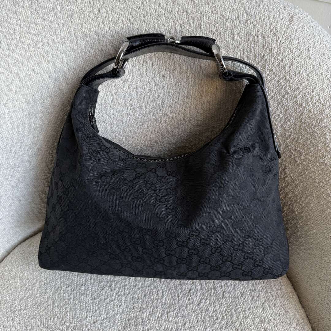 Gucci GG Canvas Horsebit Hobo Black Shoulder Bag