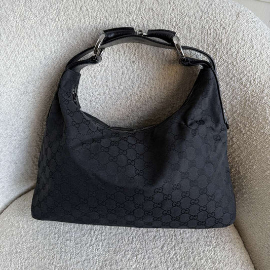 Gucci GG Canvas Horsebit Hobo Black Shoulder Bag