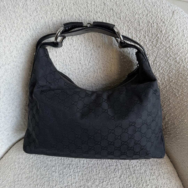 Gucci GG Canvas Horsebit Hobo Black Shoulder Bag