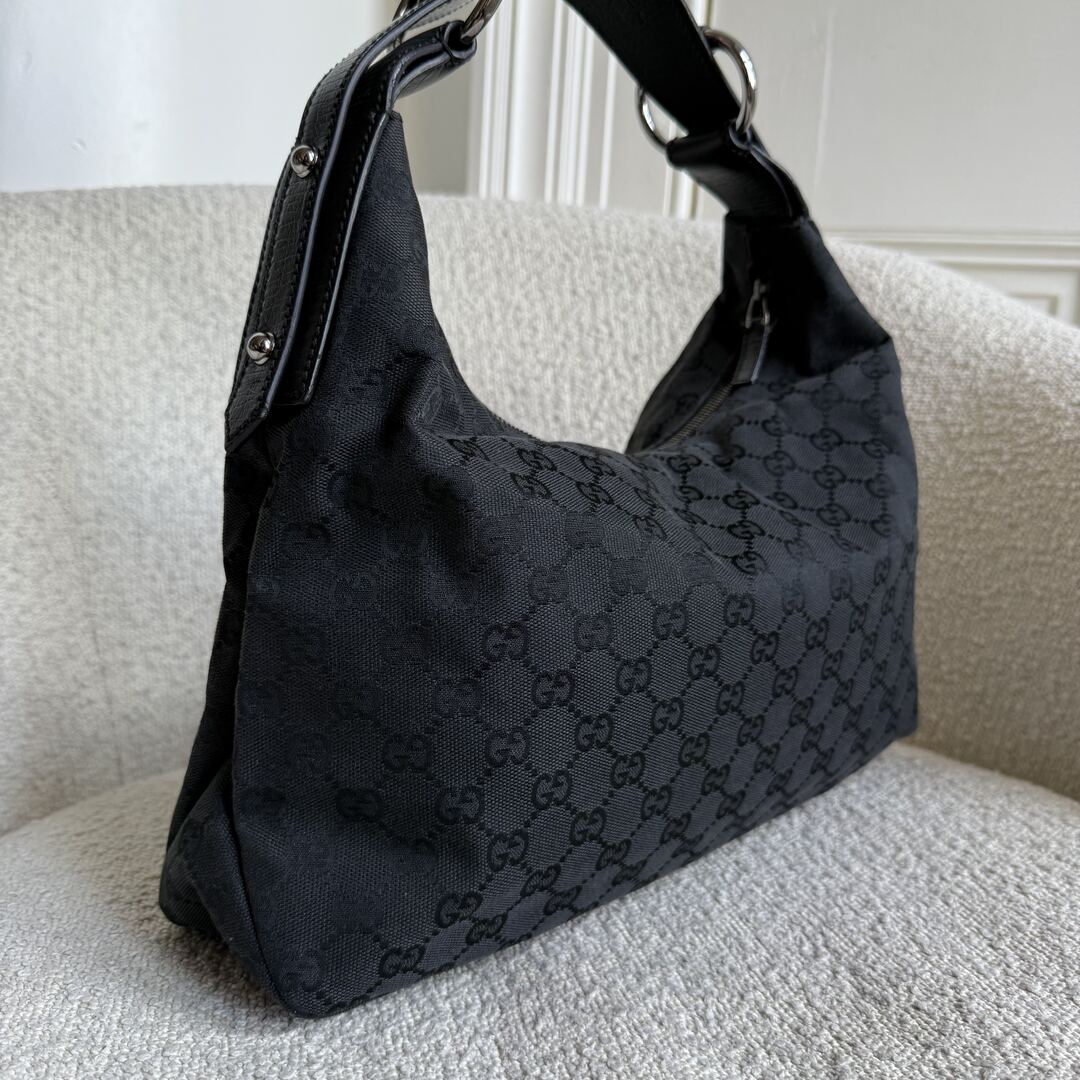 Gucci GG Canvas Horsebit Hobo Black Shoulder Bag