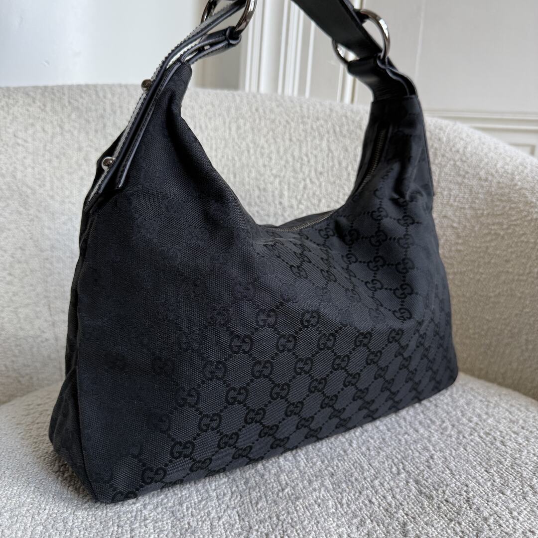 Gucci GG Canvas Horsebit Hobo Black Shoulder Bag