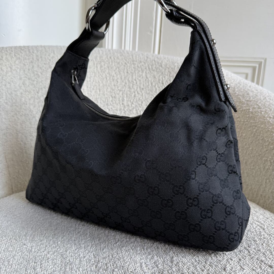 Gucci GG Canvas Horsebit Hobo Black Shoulder Bag