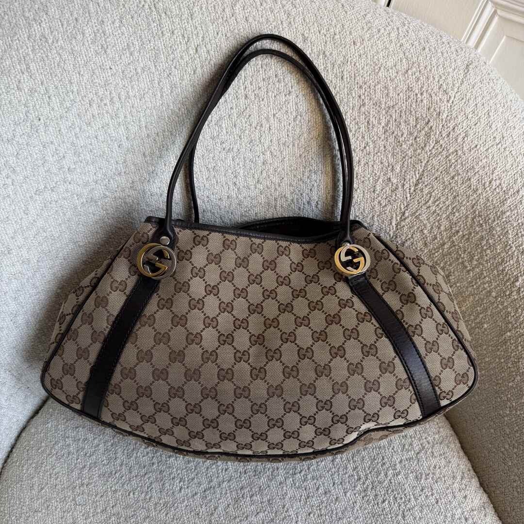 Gucci GG Canvas Twins Black Leather Tote Bag