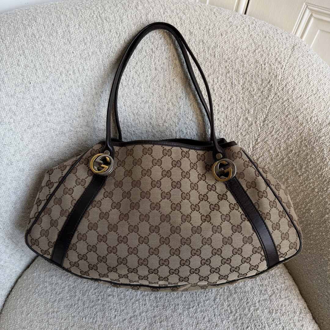 Gucci GG Canvas Twins Black Leather Tote Bag