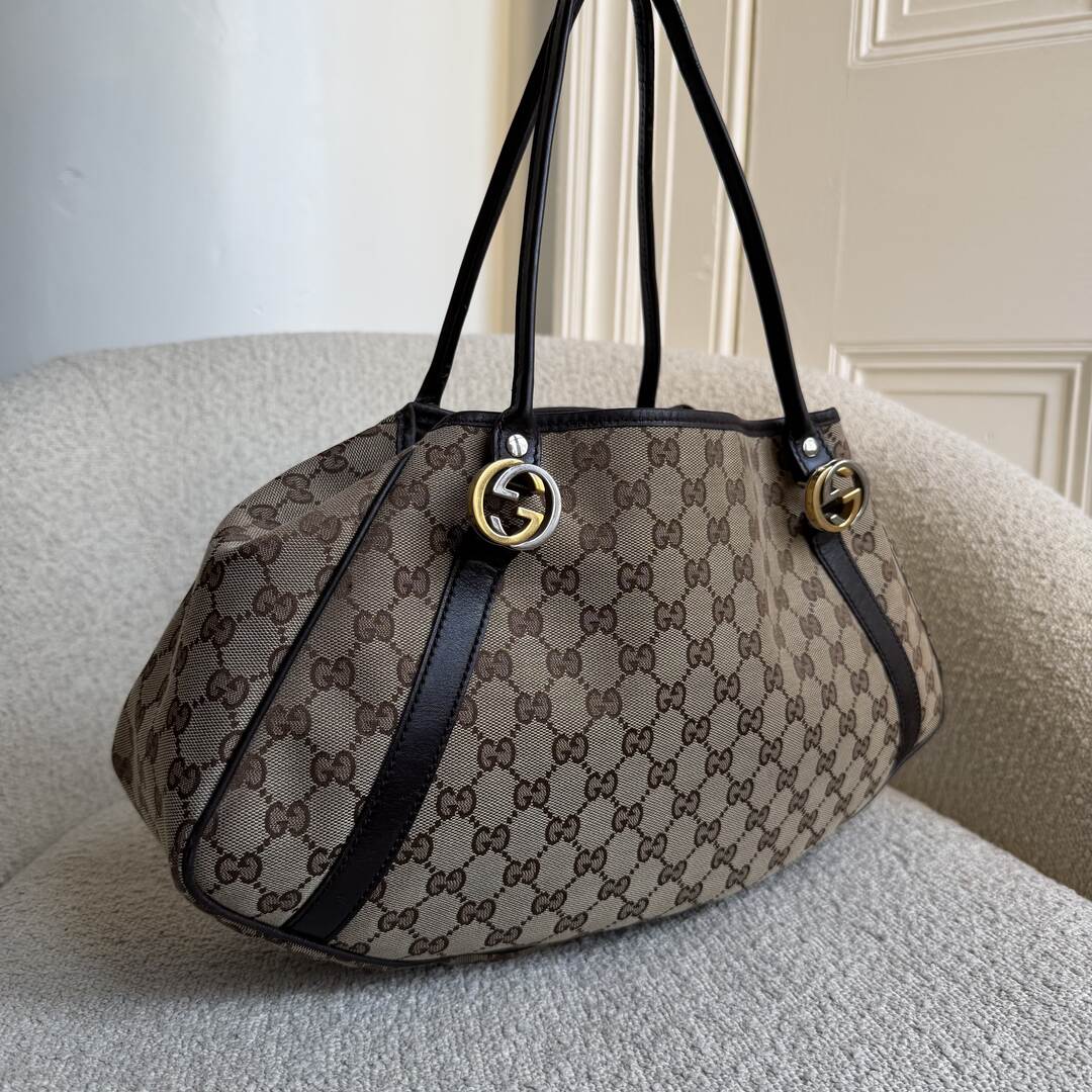 Gucci GG Canvas Twins Black Leather Tote Bag