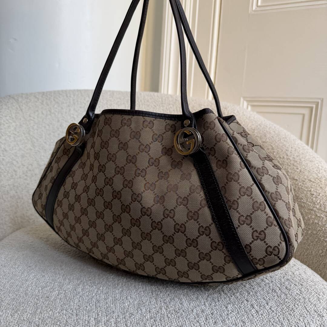 Gucci GG Canvas Twins Black Leather Tote Bag