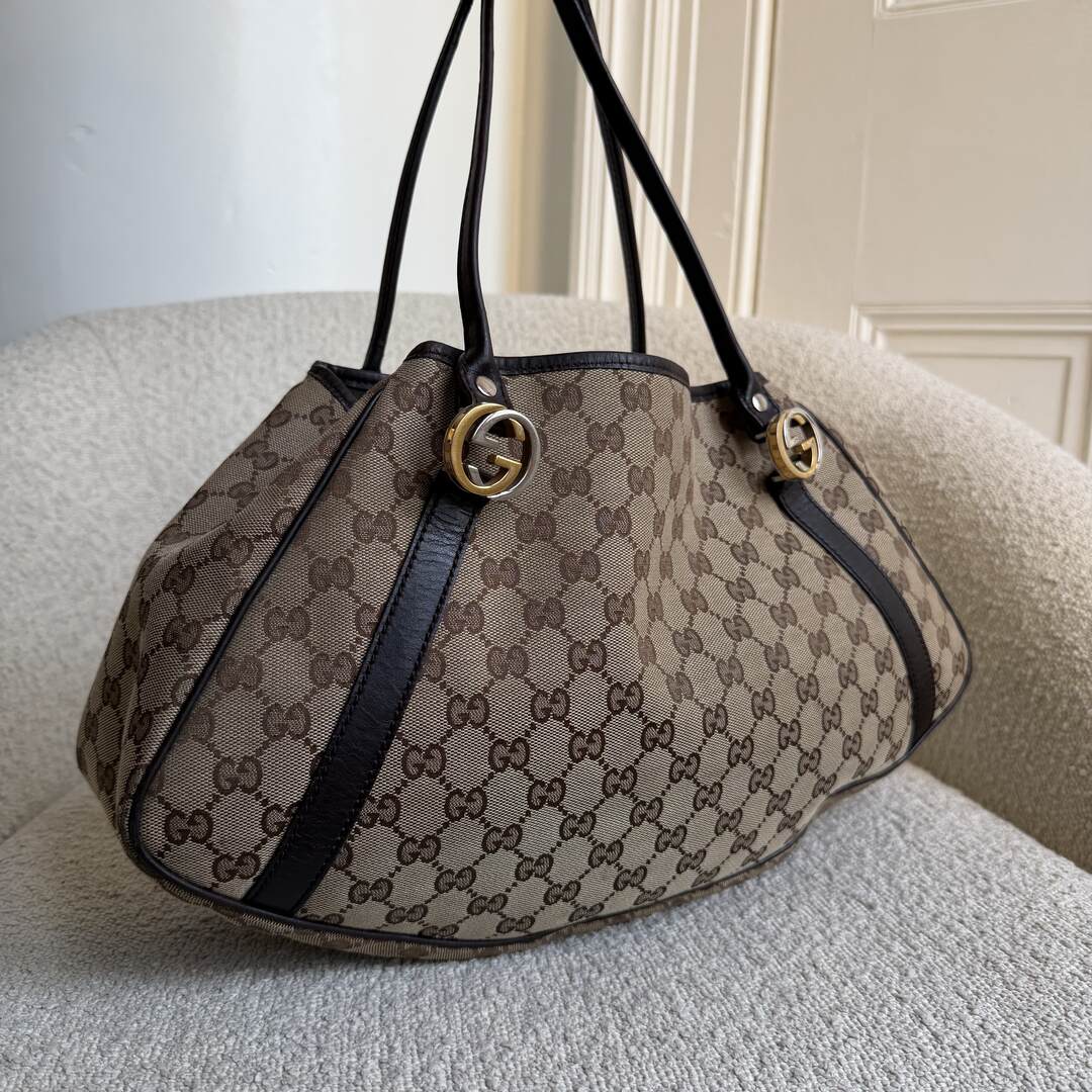 Gucci GG Canvas Twins Black Leather Tote Bag