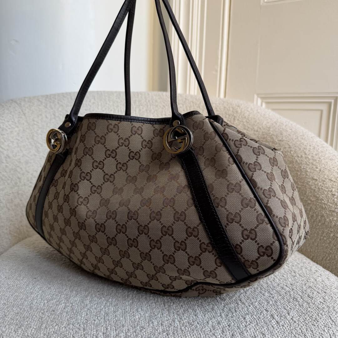 Gucci GG Canvas Twins Black Leather Tote Bag