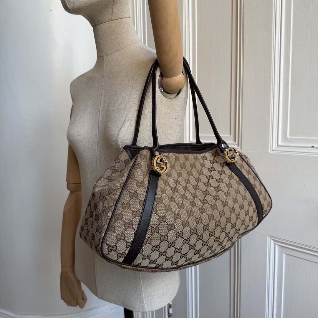Gucci GG Canvas Twins Black Leather Tote Bag