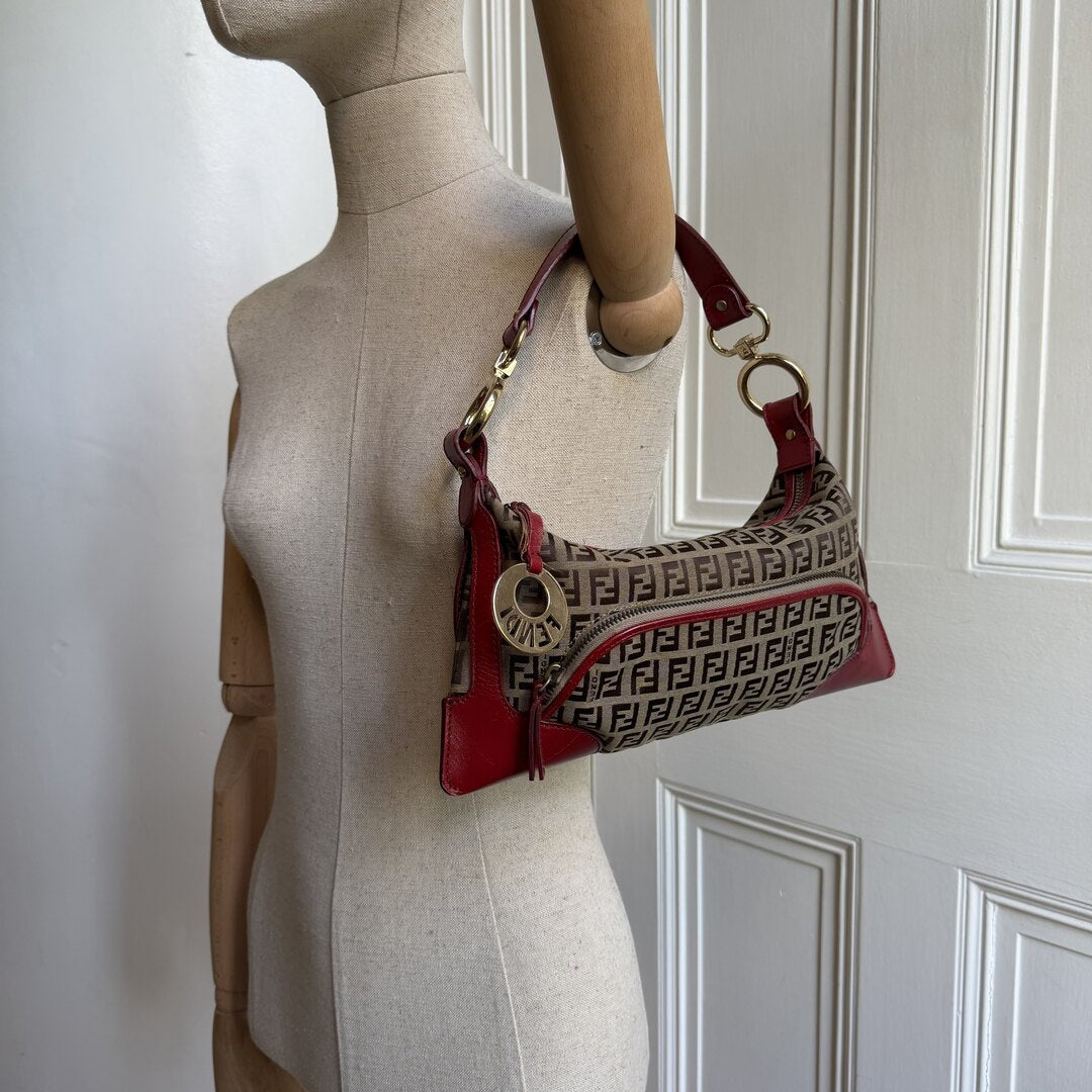 Fendi Zucchino Canvas Chef Red Shoulder Bag