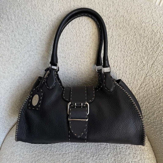 Fendi Selleria Buckle Leather Black Shoulder Bag