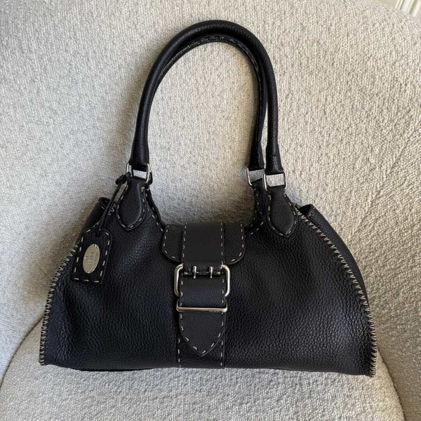 Fendi Selleria Buckle Leather Black Shoulder Bag
