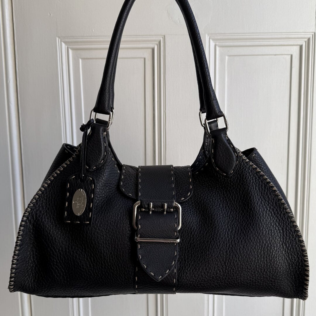 Fendi Selleria Buckle Leather Black Shoulder Bag