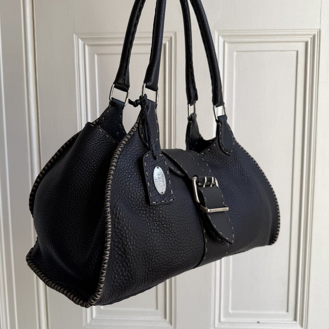 Fendi Selleria Buckle Leather Black Shoulder Bag