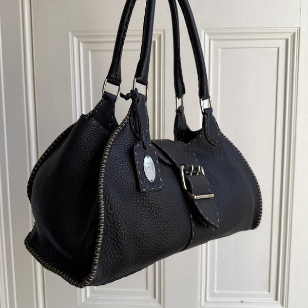Fendi Selleria Buckle Leather Black Shoulder Bag