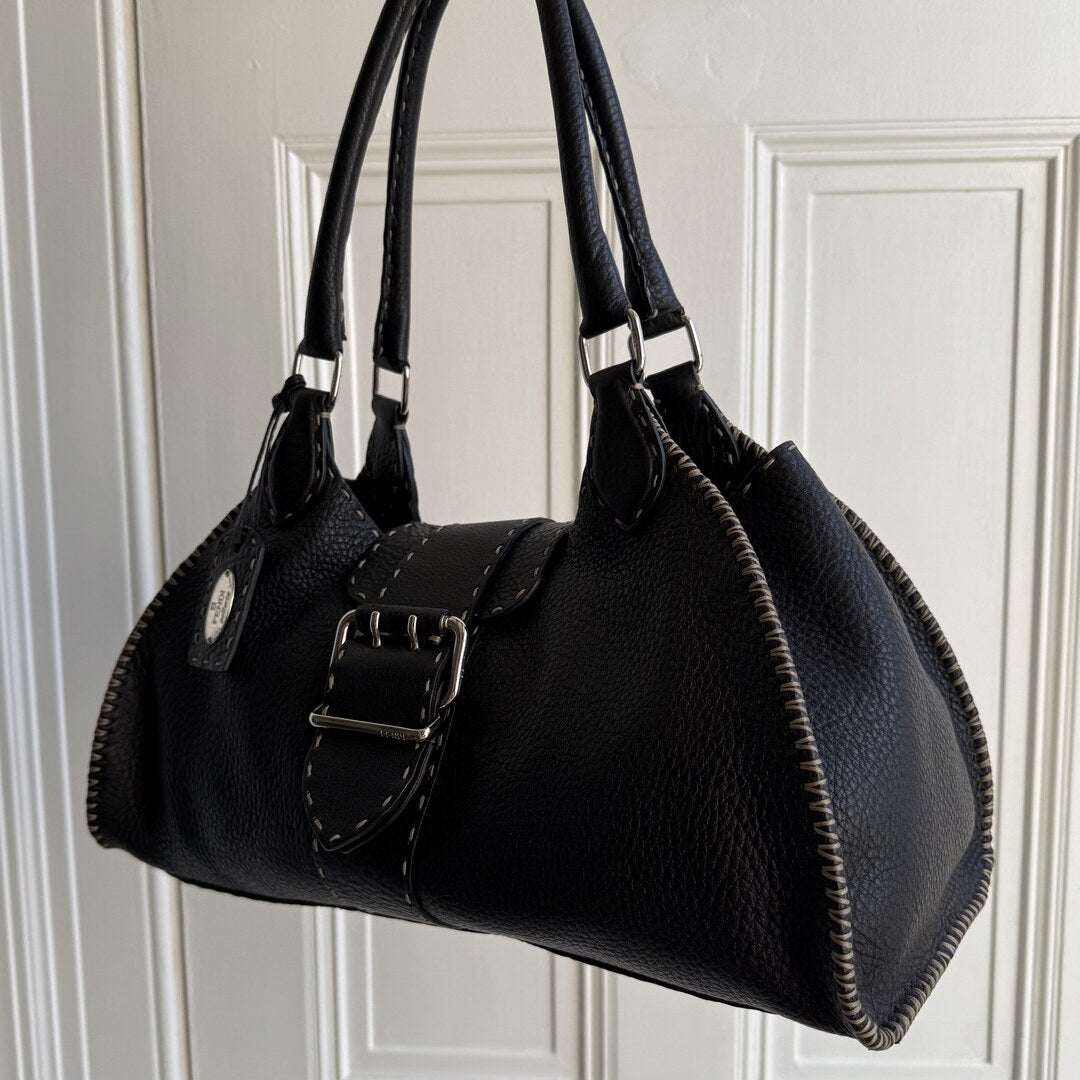 Fendi Selleria Buckle Leather Black Shoulder Bag