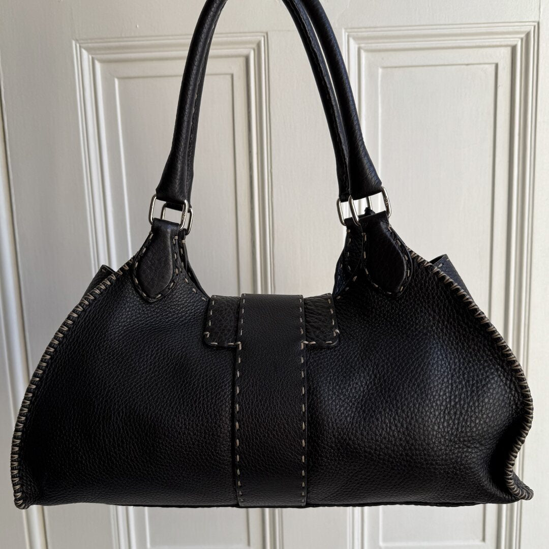 Fendi Selleria Buckle Leather Black Shoulder Bag