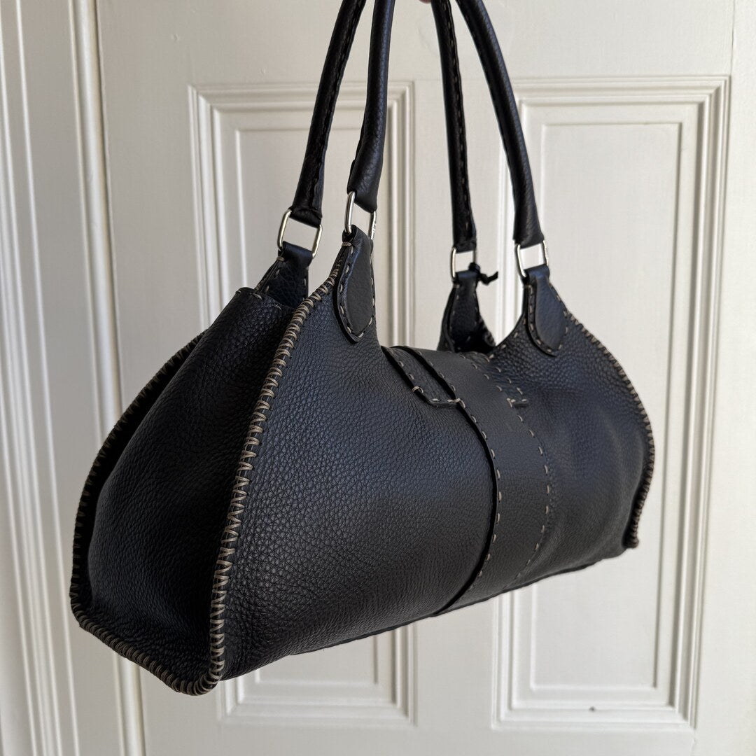 Fendi Selleria Buckle Leather Black Shoulder Bag