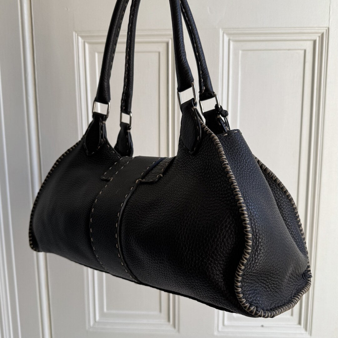 Fendi Selleria Buckle Leather Black Shoulder Bag