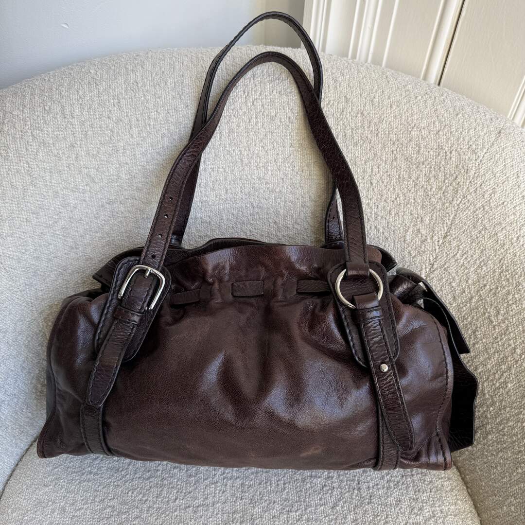 Rare Miu Miu Vitello Leather Chocolate Brown Tote Bag