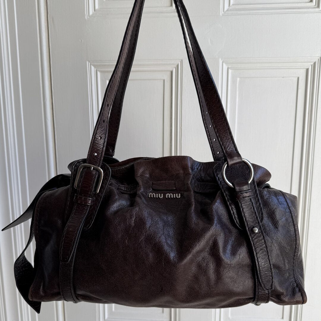 Rare Miu Miu Vitello Leather Chocolate Brown Tote Bag