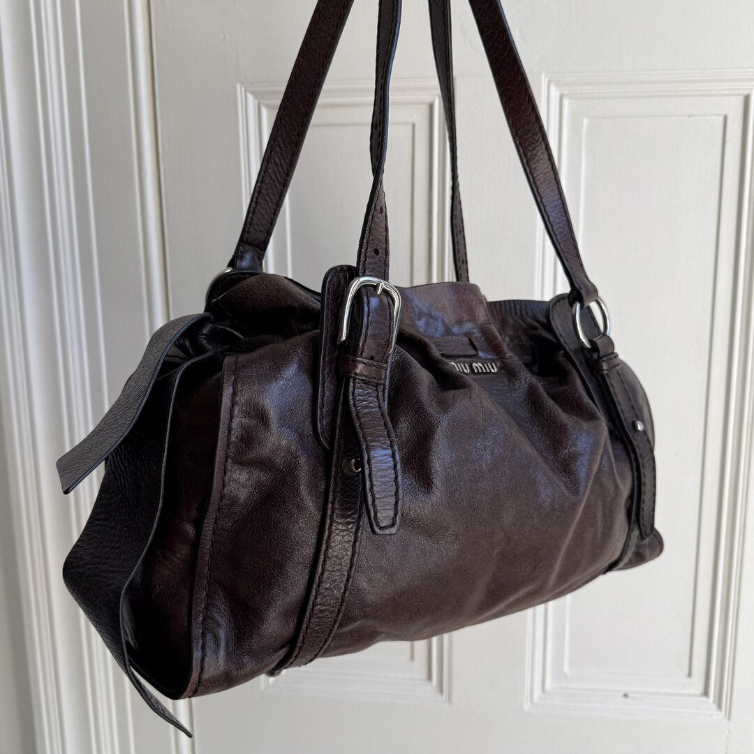 Rare Miu Miu Vitello Leather Chocolate Brown Tote Bag