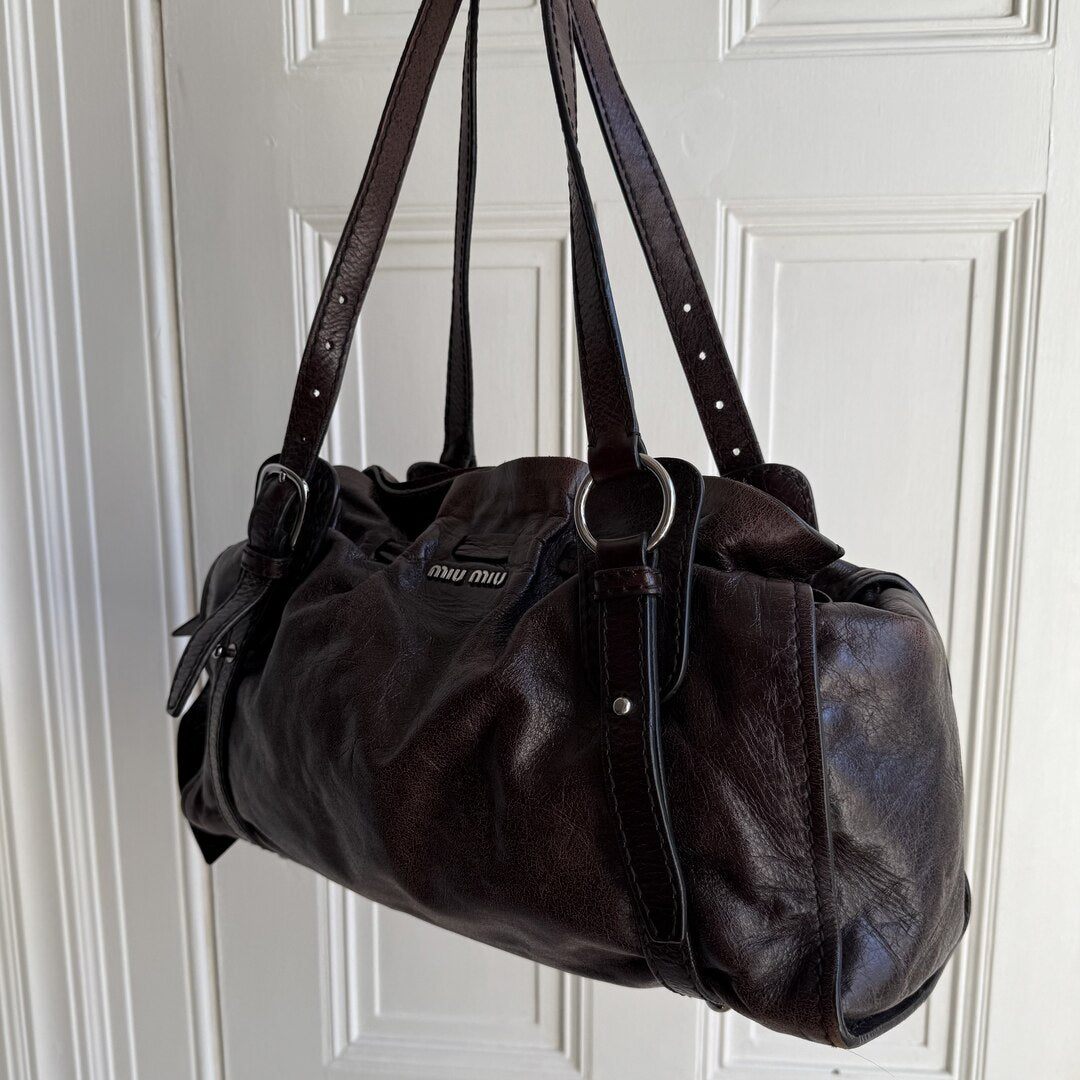 Rare Miu Miu Vitello Leather Chocolate Brown Tote Bag