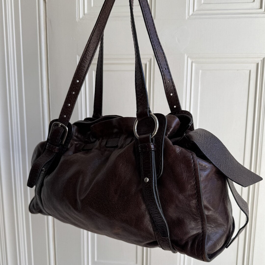 Rare Miu Miu Vitello Leather Chocolate Brown Tote Bag