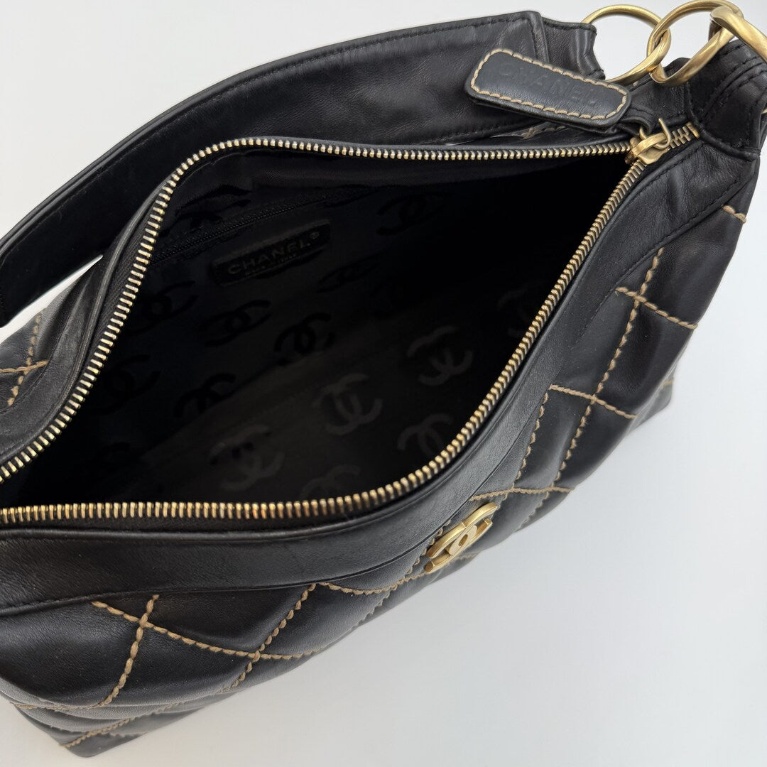 2003 Chanel CC Surpique Wild Stitch Black Leather Handbag