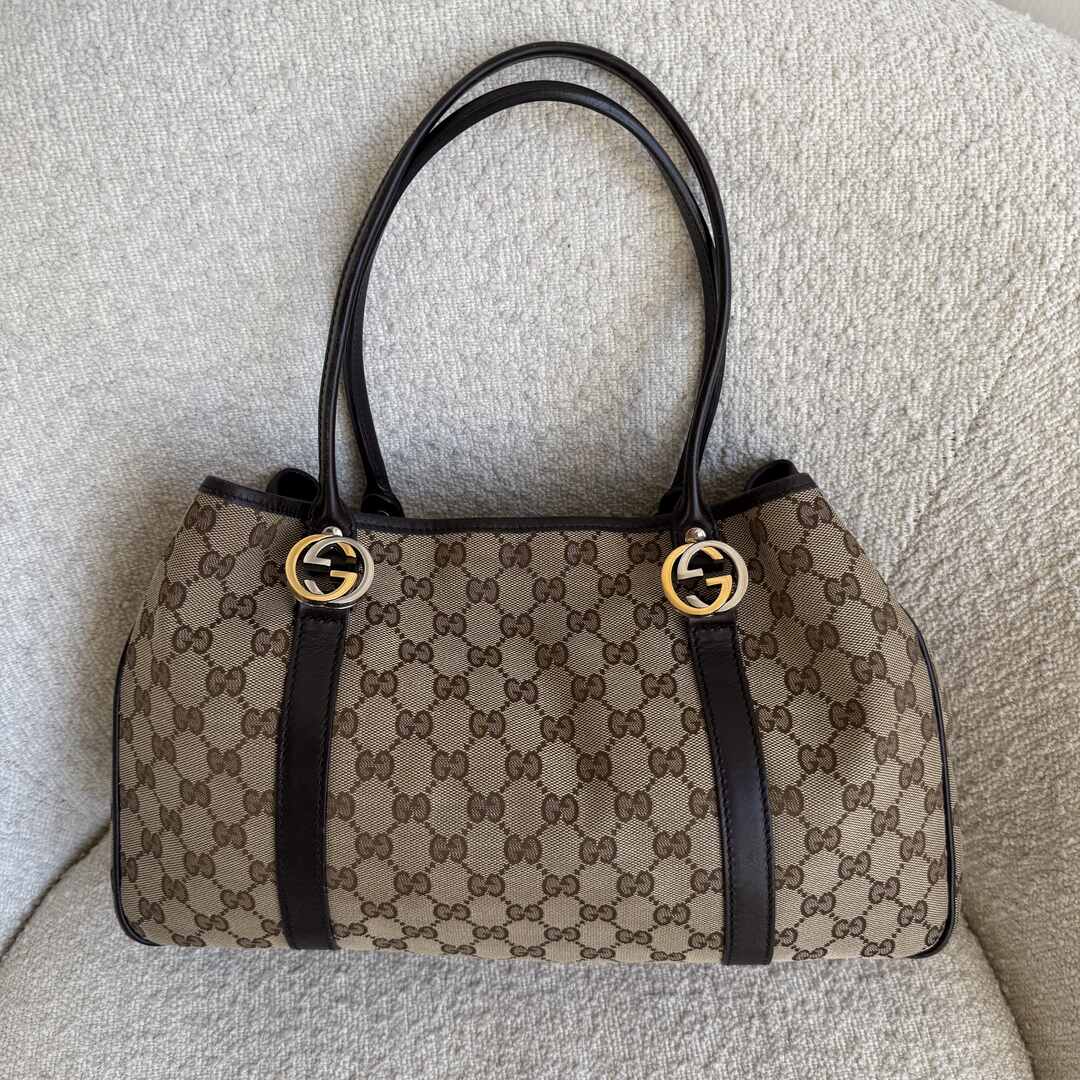 Gucci GG Canvas Twins Black Leather Tote Bag