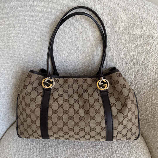 Gucci GG Canvas Twins Black Leather Tote Bag