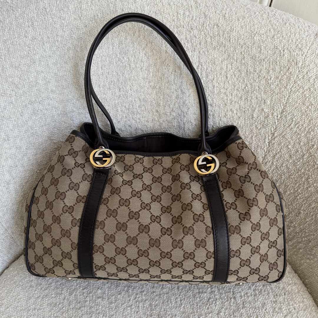 Gucci GG Canvas Twins Black Leather Tote Bag