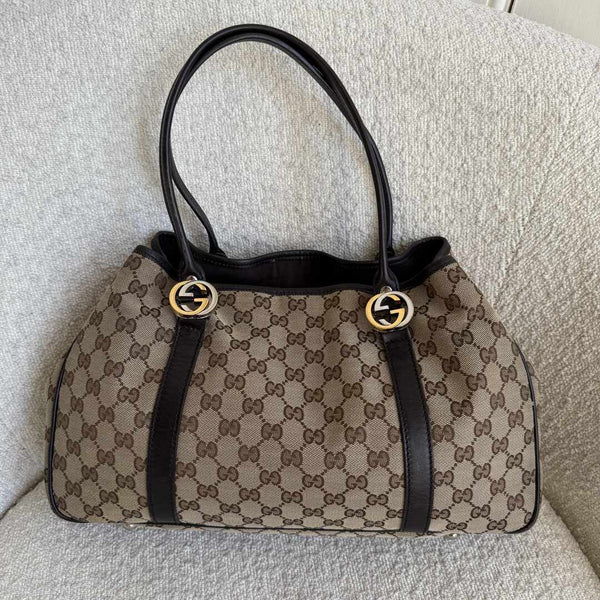 Gucci GG Canvas Twins Black Leather Tote Bag
