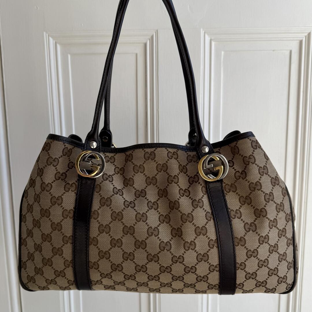 Gucci GG Canvas Twins Black Leather Tote Bag